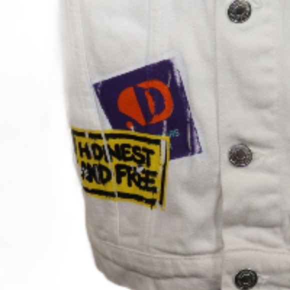 Zara Denim Jacket Unisex Size Small Distressed White/Cream Graffiti Printed - Picture 5 of 8